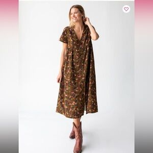 Avery Corduroy Midi Dress Green Brown Floral Bouquets